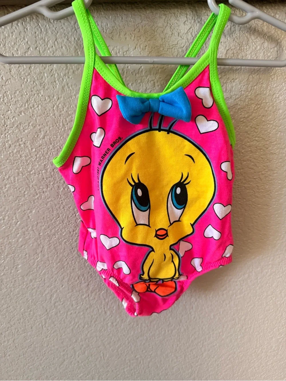 Vintage looney tunes Pink Tweety One-Piece Swim with Neon Green Trim